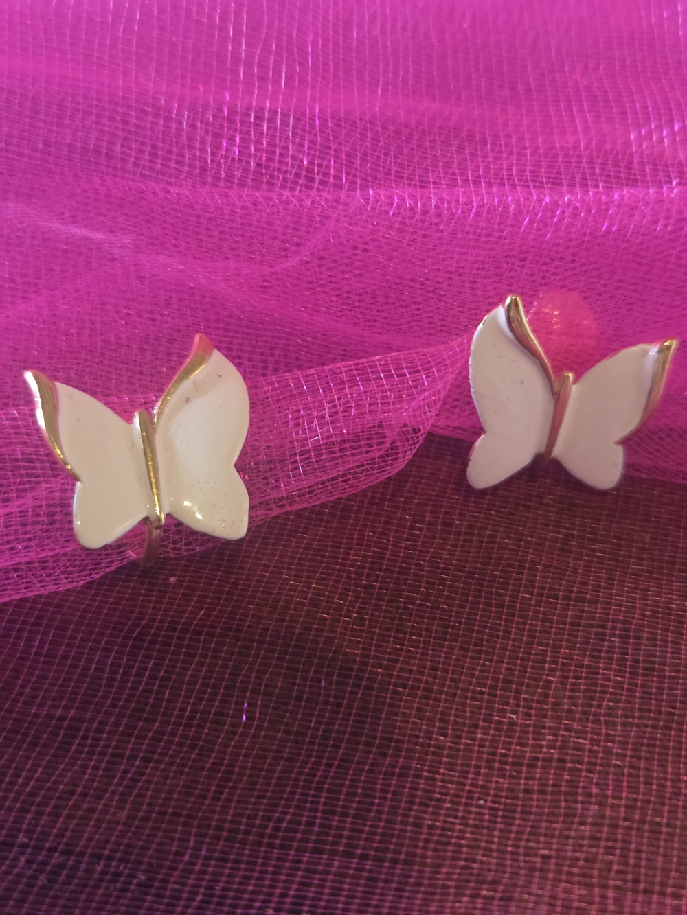 Vintage Trifari White and Gold Butterfly Clip On Butterfly Earrings